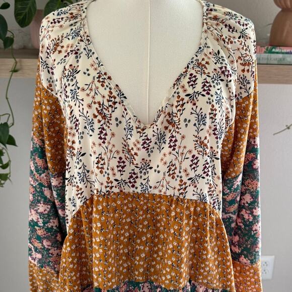 Patchwork Long Sleeve V Neck Blouse L Boho Lagenlook Cottagecore Fall Lagenlook - Picture 3 of 9